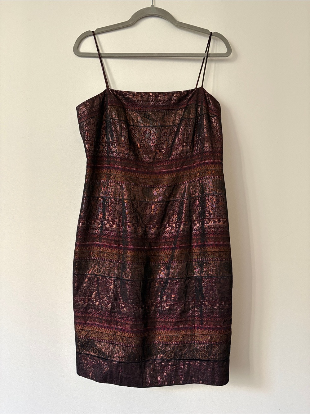 Jones New York Strapless Jacquard Dress in Burgundy and Gold